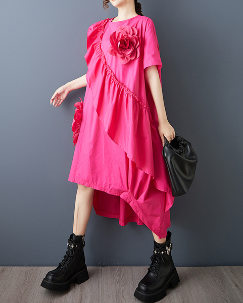 ellazhu Women's Dress Short Sleeve Crewneck 3D Flowers Solid Irregular Hem Flounce Patchwork Fashion Casual Loose GZ609 Black