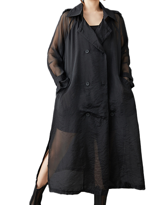 ellazhu Women's Coat Button Down V-Neck Two Side Pockets Solid Long Tulle Mesh Sleeve Belt Split GZ610 Black