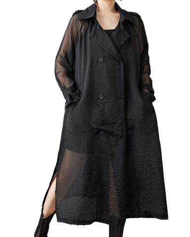 ellazhu Women's Coat Button Down V-Neck Two Side Pockets Solid Long Tulle Mesh Sleeve Belt Split GZ610 Black