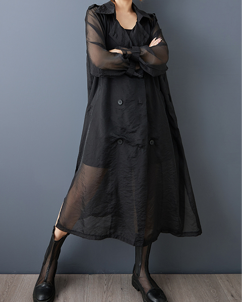 ellazhu Women's Coat Button Down V-Neck Two Side Pockets Solid Long Tulle Mesh Sleeve Belt Split GZ610 Black