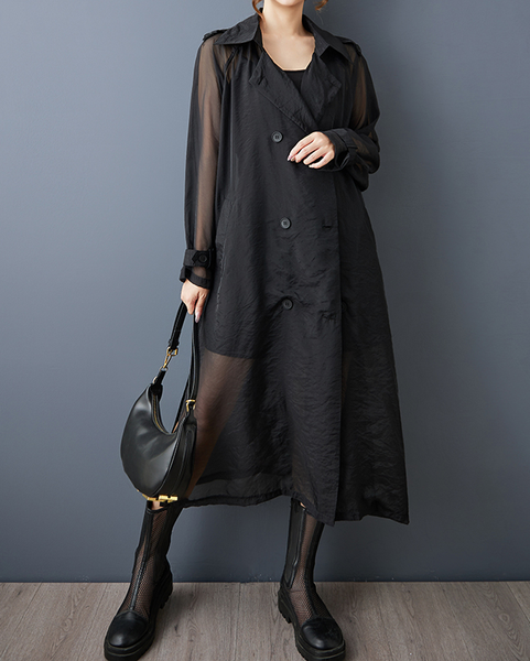 ellazhu Women's Coat Button Down V-Neck Two Side Pockets Solid Long Tulle Mesh Sleeve Belt Split GZ610 Black