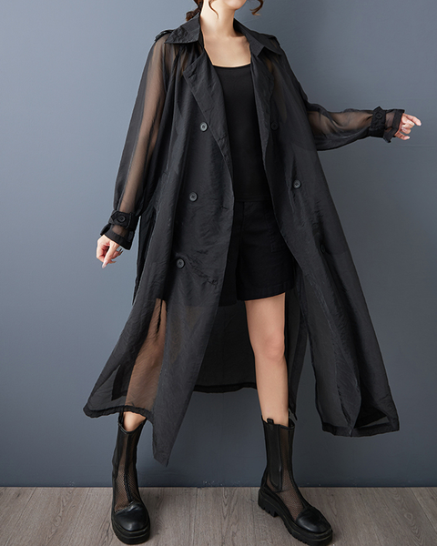 ellazhu Women's Coat Button Down V-Neck Two Side Pockets Solid Long Tulle Mesh Sleeve Belt Split GZ610 Black