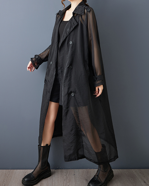 ellazhu Women's Coat Button Down V-Neck Two Side Pockets Solid Long Tulle Mesh Sleeve Belt Split GZ610 Black