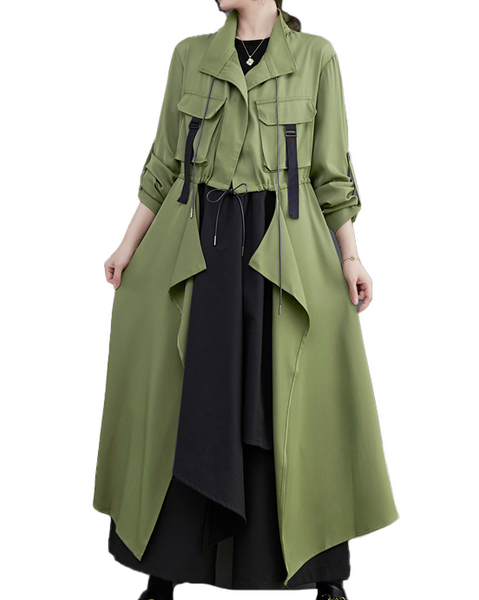 ellazhu Women's Coats Trench Winter Black Jacket Size Plus Length Jackets Lapel Flowy Hem Long Sleeve GZ611 Black