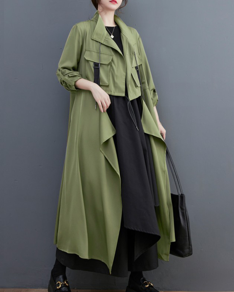 ellazhu Women's Coats Trench Winter Black Jacket Size Plus Length Jackets Lapel Flowy Hem Long Sleeve GZ611 Black