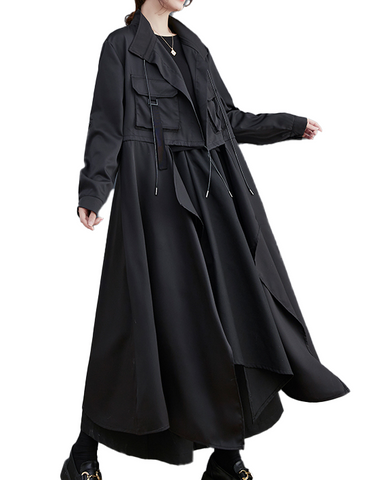 ellazhu Women's Coats Trench Winter Black Jacket Size Plus Length Jackets Lapel Flowy Hem Long Sleeve GZ611 Black