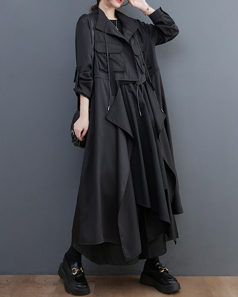 ellazhu Women's Coats Trench Winter Black Jacket Size Plus Length Jackets Lapel Flowy Hem Long Sleeve GZ611 Black