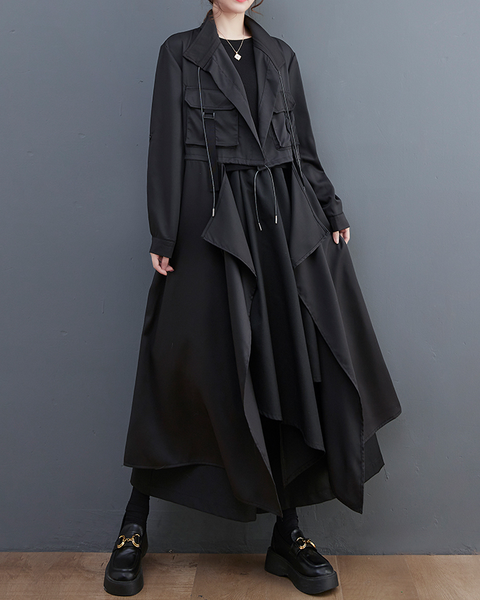 ellazhu Women's Coats Trench Winter Black Jacket Size Plus Length Jackets Lapel Flowy Hem Long Sleeve GZ611 Black