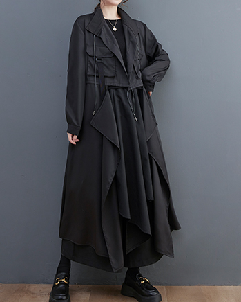 ellazhu Women's Coats Trench Winter Black Jacket Size Plus Length Jackets Lapel Flowy Hem Long Sleeve GZ611 Black