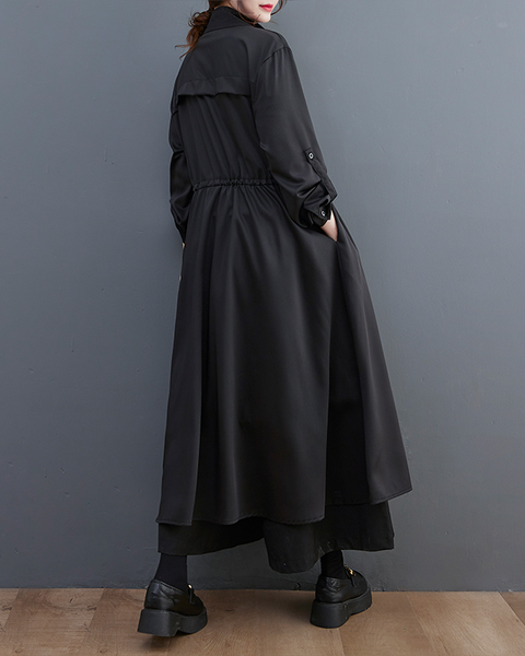 ellazhu Women's Coats Trench Winter Black Jacket Size Plus Length Jackets Lapel Flowy Hem Long Sleeve GZ611 Black