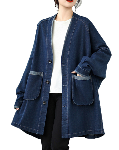 ellazhu Women's Coats Classic Casual Jean Jacket Two Side Pockets Button Down Long Oversized Sleeve GZ613 Blue