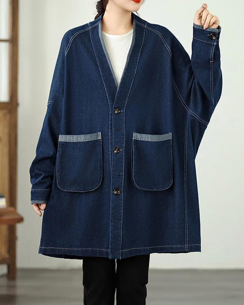 ellazhu Women's Coats Classic Casual Jean Jacket Two Side Pockets Button Down Long Oversized Sleeve GZ613 Blue