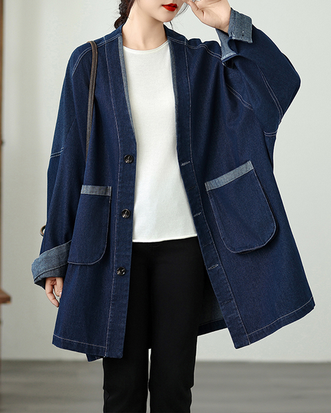 ellazhu Women's Coats Classic Casual Jean Jacket Two Side Pockets Button Down Long Oversized Sleeve GZ613 Blue