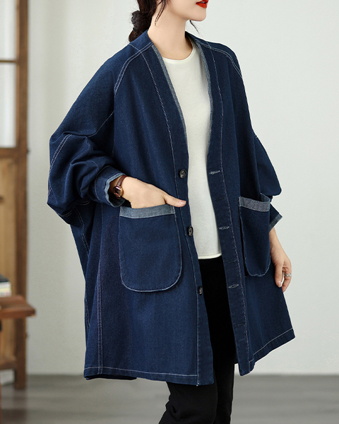 ellazhu Women's Coats Classic Casual Jean Jacket Two Side Pockets Button Down Long Oversized Sleeve GZ613 Blue