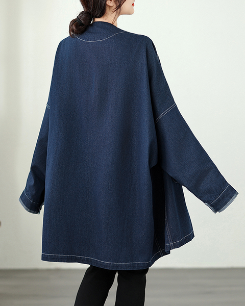ellazhu Women's Coats Classic Casual Jean Jacket Two Side Pockets Button Down Long Oversized Sleeve GZ613 Blue