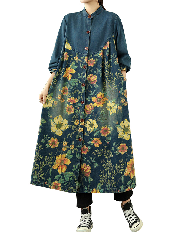 ellazhu Women's Coats Classic Casual Jean Jacket Button Down Long Oversized Sleeve Printed GZ614 Blue