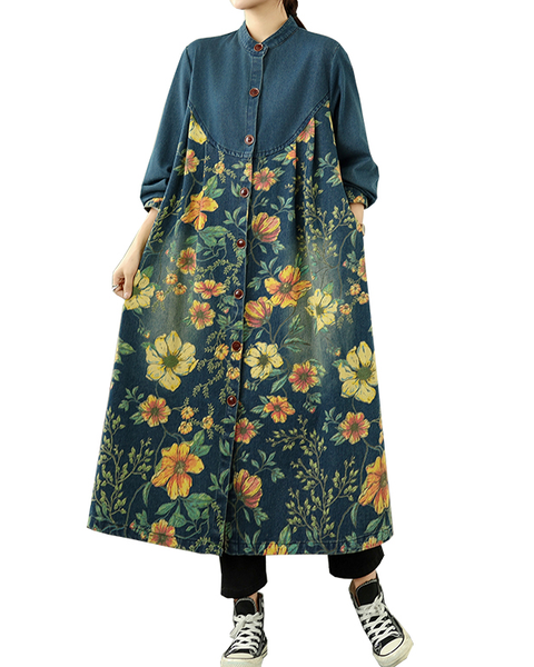 ellazhu Women's Coats Classic Casual Jean Jacket Button Down Long Oversized Sleeve Printed GZ614 Blue