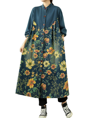 ellazhu Women's Coats Classic Casual Jean Jacket Button Down Long Oversized Sleeve Printed GZ614 Blue