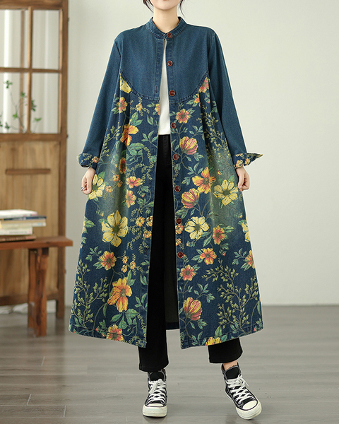 ellazhu Women's Coats Classic Casual Jean Jacket Button Down Long Oversized Sleeve Printed GZ614 Blue