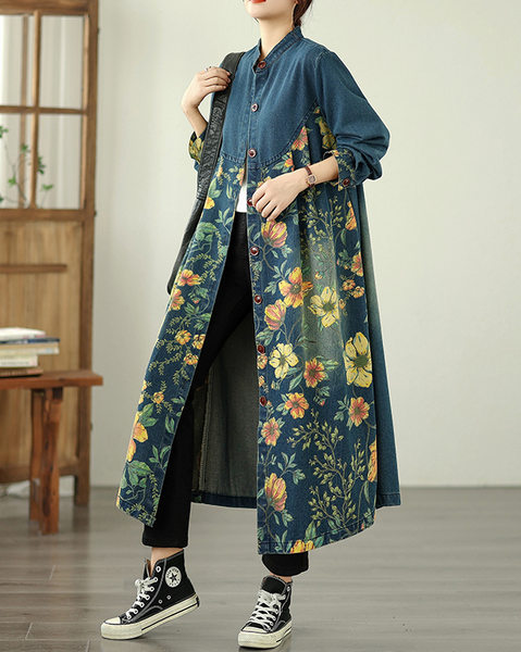 ellazhu Women's Coats Classic Casual Jean Jacket Button Down Long Oversized Sleeve Printed GZ614 Blue