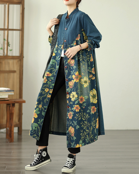 ellazhu Women's Coats Classic Casual Jean Jacket Button Down Long Oversized Sleeve Printed GZ614 Blue