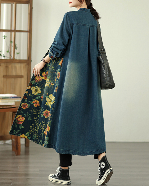 ellazhu Women's Coats Classic Casual Jean Jacket Button Down Long Oversized Sleeve Printed GZ614 Blue