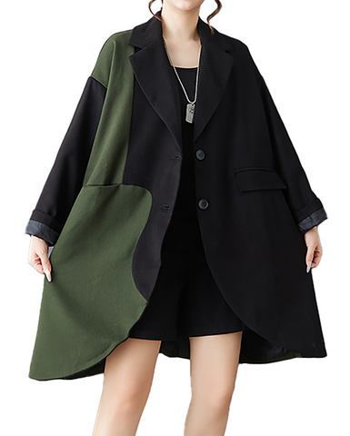 ellazhu Women's Coats Classic Oversized Jacket Lapel Button Down Irregualr Hem Long Sleeve GZ615 Black Green