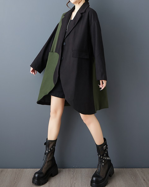ellazhu Women's Coats Classic Oversized Jacket Lapel Button Down Irregualr Hem Long Sleeve GZ615 Black Green