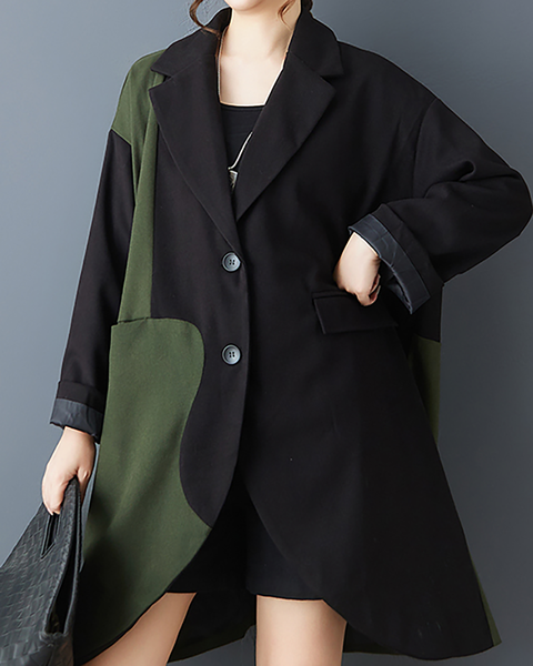 ellazhu Women's Coats Classic Oversized Jacket Lapel Button Down Irregualr Hem Long Sleeve GZ615 Black Green