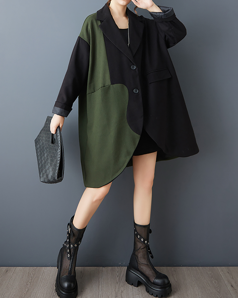 ellazhu Women's Coats Classic Oversized Jacket Lapel Button Down Irregualr Hem Long Sleeve GZ615 Black Green