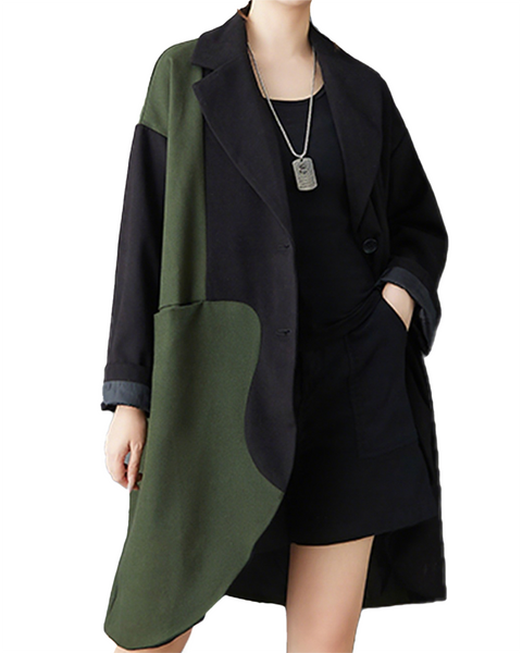 ellazhu Women's Coats Classic Oversized Jacket Lapel Button Down Irregualr Hem Long Sleeve GZ615 Black Green