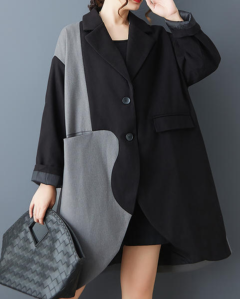 ellazhu Women's Coats Classic Oversized Jacket Lapel Button Down Irregualr Hem Long Sleeve GZ615 Black Green