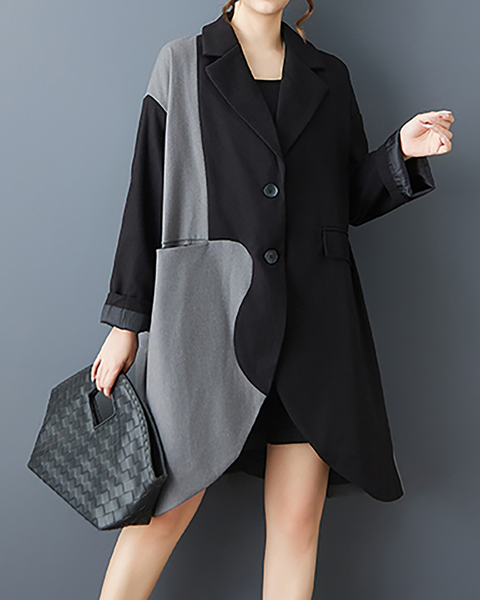 ellazhu Women's Coats Classic Oversized Jacket Lapel Button Down Irregualr Hem Long Sleeve GZ615 Black Green