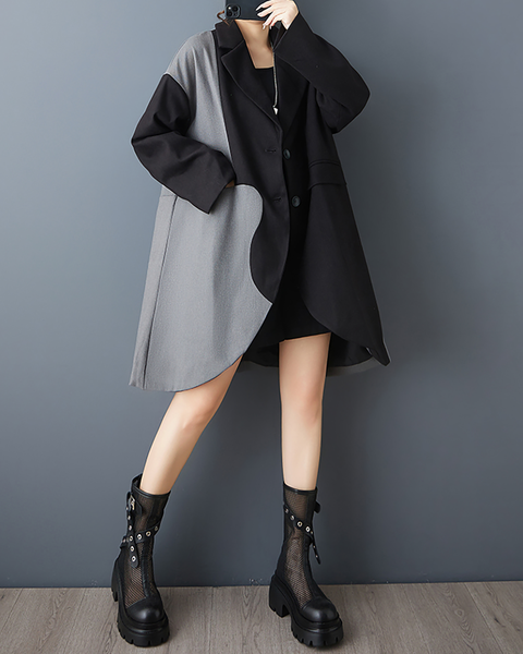 ellazhu Women's Coats Classic Oversized Jacket Lapel Button Down Irregualr Hem Long Sleeve GZ615 Black Green