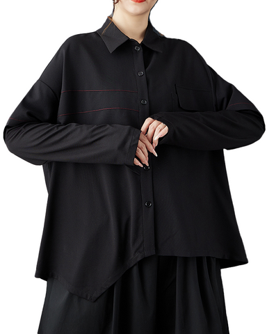 ellazhu Women's Shirt Button Down Lapel Long Sleeve Loose Oversize Solid Irregular Hem GZ616 Black