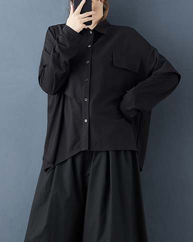 ellazhu Women's Shirt Button Down Lapel Long Sleeve Loose Oversize Solid Irregular Hem GZ616 Black