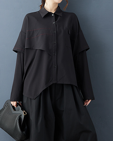 ellazhu Women's Shirt Button Down Lapel Long Sleeve Loose Oversize Solid Irregular Hem GZ616 Black