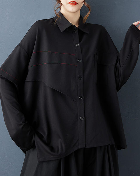 ellazhu Women's Shirt Button Down Lapel Long Sleeve Loose Oversize Solid Irregular Hem GZ616 Black