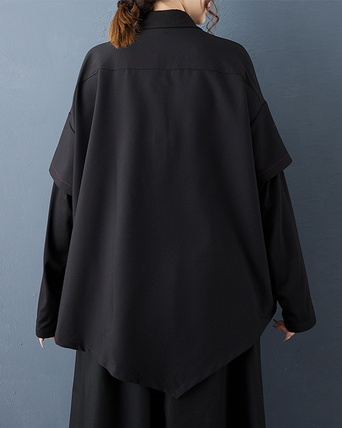 ellazhu Women's Shirt Button Down Lapel Long Sleeve Loose Oversize Solid Irregular Hem GZ616 Black