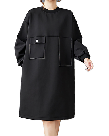 ellazhu Women's T-Shirt Dress Casual Crewneck Black Long Sleeve Oversize Flowy Hem Solid GZ617 A