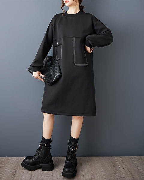 ellazhu Women's T-Shirt Dress Casual Crewneck Black Long Sleeve Oversize Flowy Hem Solid GZ617 A
