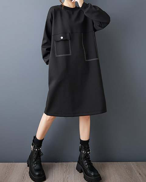ellazhu Women's T-Shirt Dress Casual Crewneck Black Long Sleeve Oversize Flowy Hem Solid GZ617 A