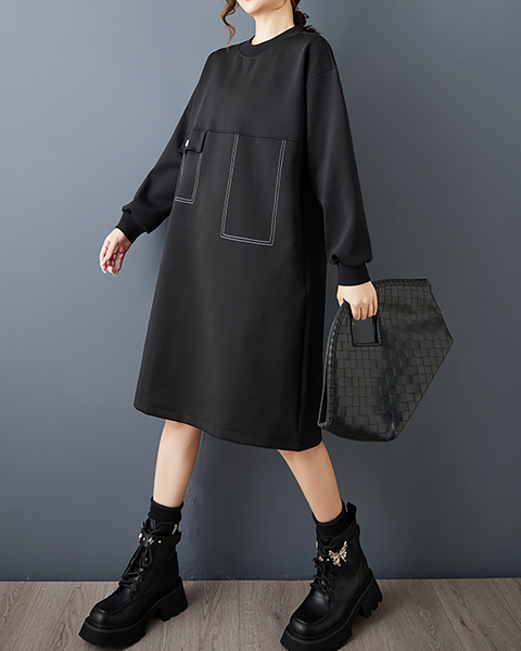 ellazhu Women's T-Shirt Dress Casual Crewneck Black Long Sleeve Oversize Flowy Hem Solid GZ617 A