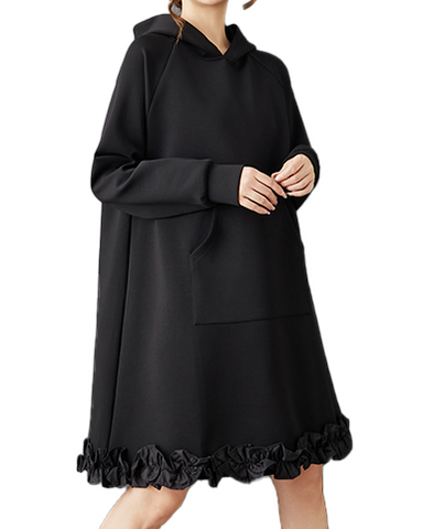 ellazhu Women's Dress Casual Black Long Sleeve Oversize Hooded Side Pocket Solid GZ618 Black