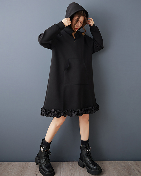 ellazhu Women's Dress Casual Black Long Sleeve Oversize Hooded Side Pocket Solid GZ618 Black