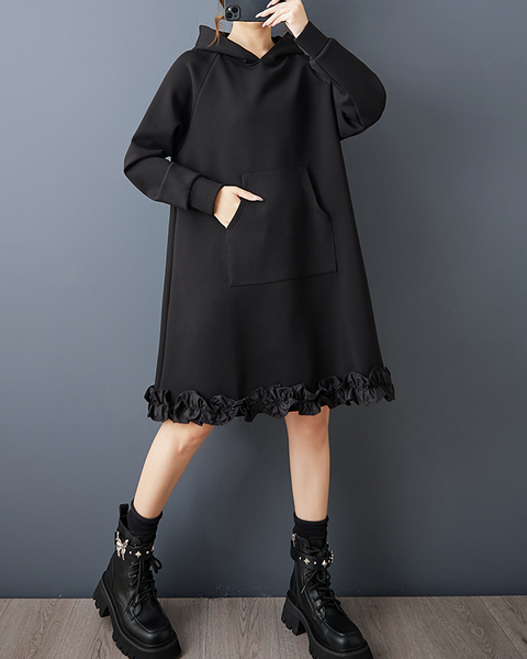 ellazhu Women's Dress Casual Black Long Sleeve Oversize Hooded Side Pocket Solid GZ618 Black