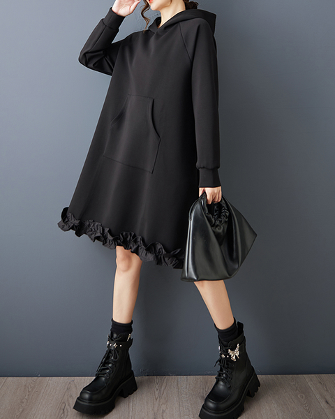 ellazhu Women's Dress Casual Black Long Sleeve Oversize Hooded Side Pocket Solid GZ618 Black