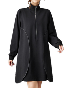 ellazhu Women's Dress Casual Black Long Sleeve Oversize Zip UP Side Pocket Mock Neck Solid GZ619  Black