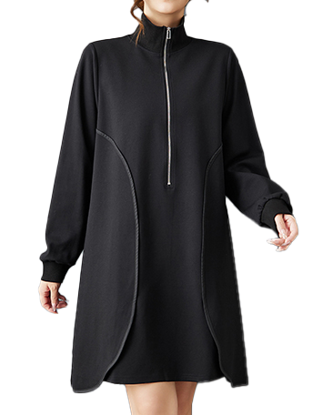 ellazhu Women's Dress Casual Black Long Sleeve Oversize Zip UP Side Pocket Mock Neck Solid GZ619  Black