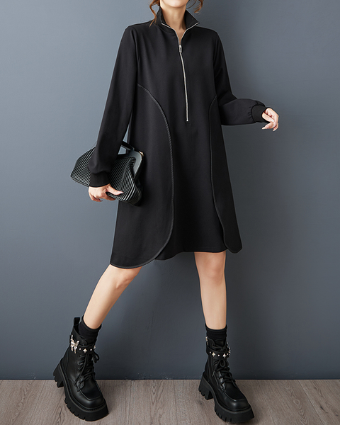 ellazhu Women's Dress Casual Black Long Sleeve Oversize Zip UP Side Pocket Mock Neck Solid GZ619  Black